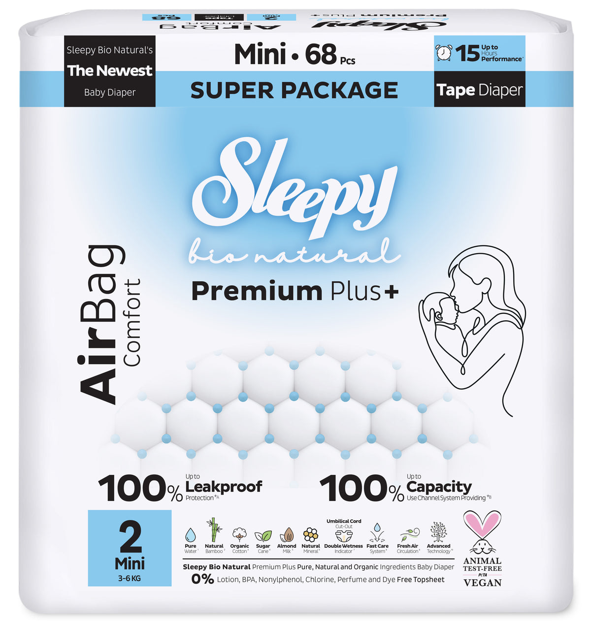 Scutece Sleepy Bio Natural Premium Plus AirBag Comfort – marimea 2 Mini, 3–6 kg, 68 bucati