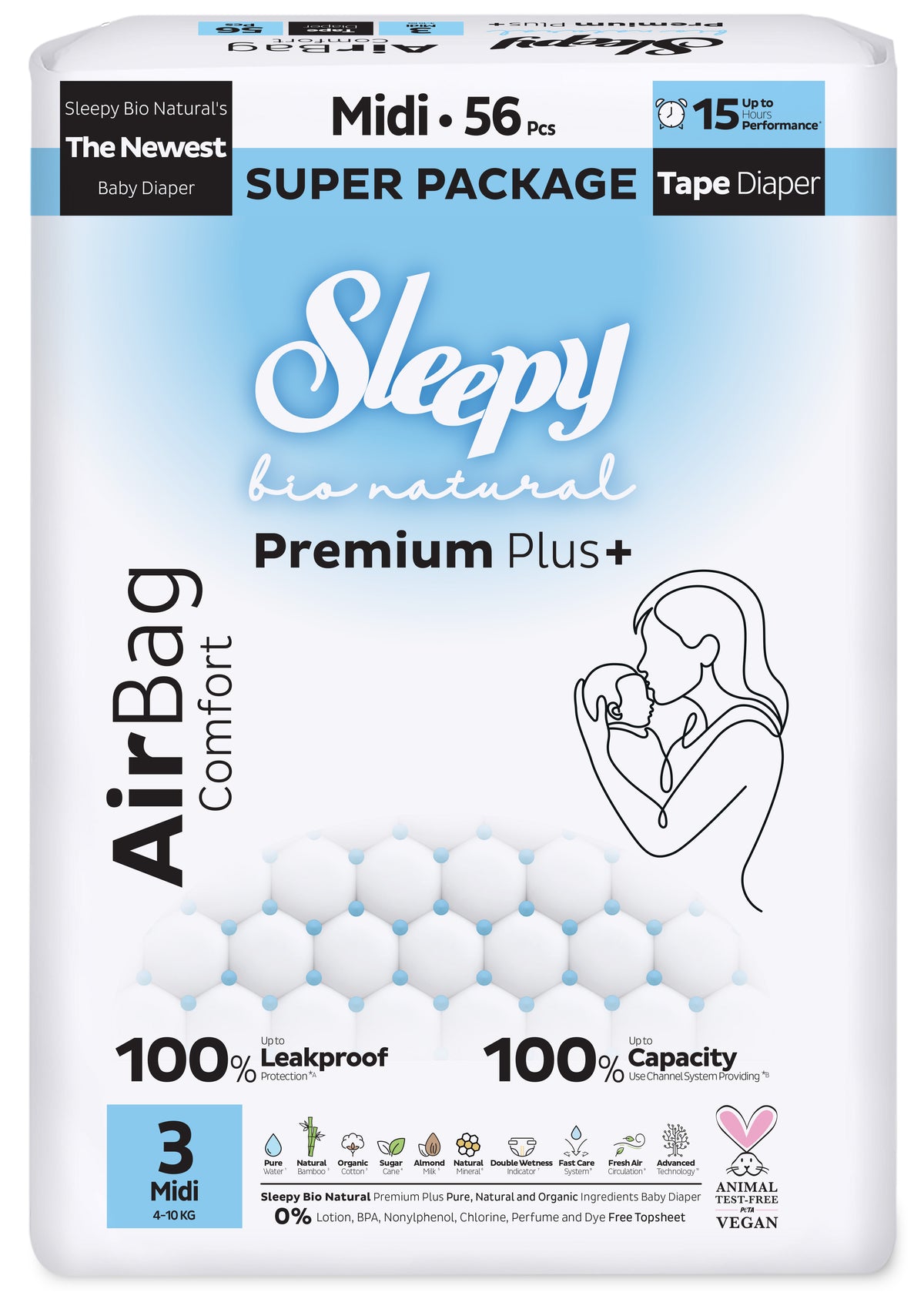 Scutece Sleepy Bio Natural Premium Plus AirBag Comfort – marimea 3 Midi, 4–10 kg, 56 bucati