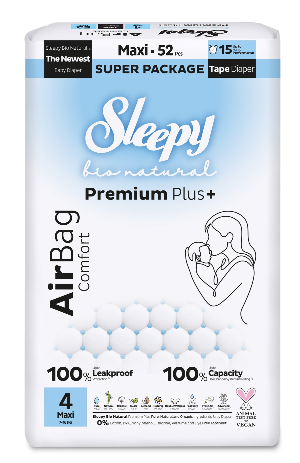 Scutece Sleepy Bio Natural Premium Plus AirBag Comfort – marimea 4 Maxi, 7–16 kg, 52 bucati