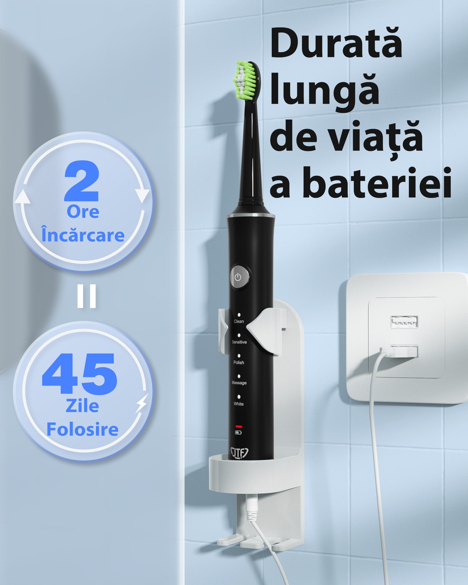 Periuta de dinti electrica, JTF Sonic, J40 (8 capete de periere) Negru