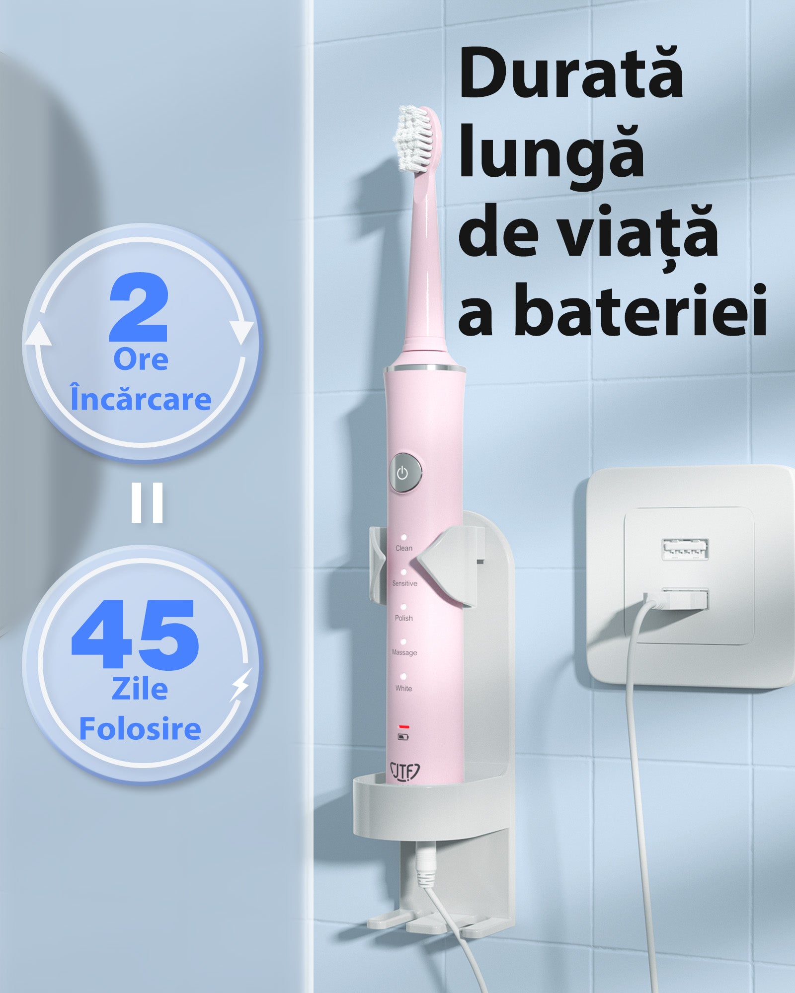 Periuta de dinti electrica, JTF Sonic, J40 (8 capete de periere) Roz