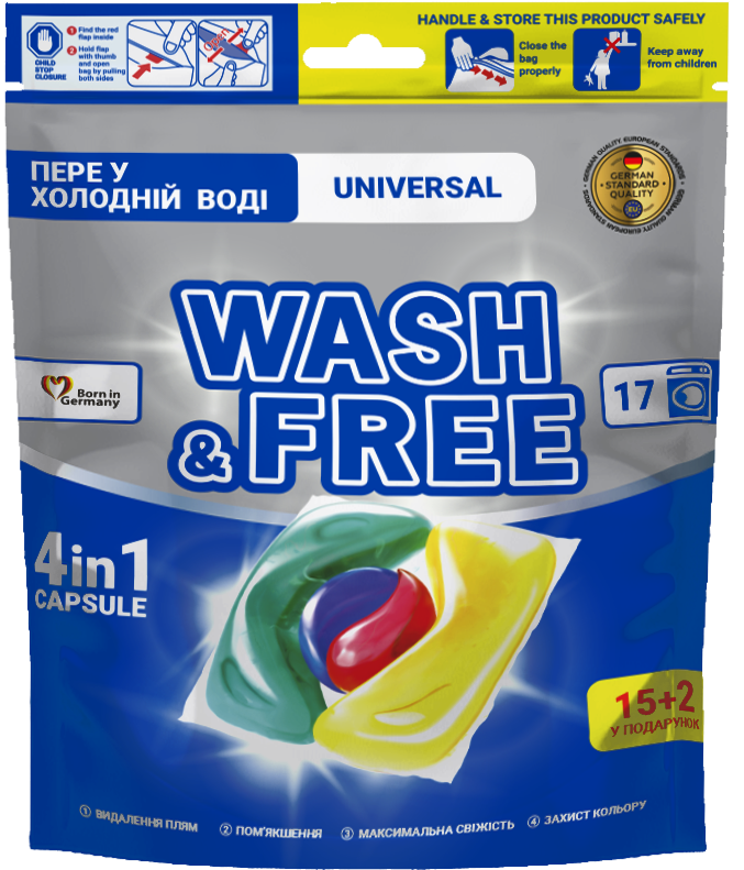 Detergent de rufe capsule Wash & Free 4 in 1 Universal – 17 spălări, parfum Fresh