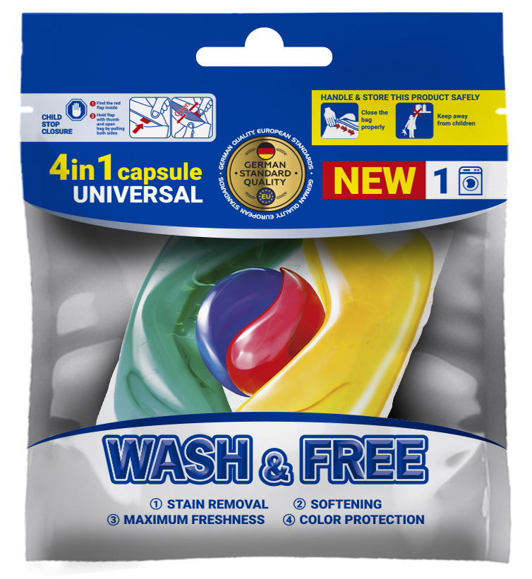 Detergent de rufe capsule Wash & Free 4 in 1 Universal – 1 spălare, parfum Fresh