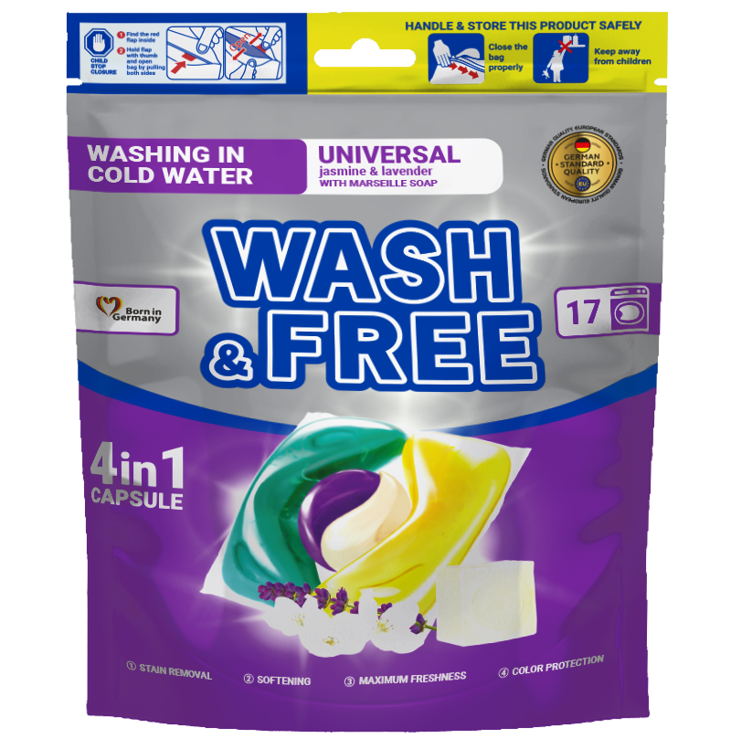 Detergent capsule pentru rufe WASH & FREE Jasmine & Lavender cu săpun de Marsilia – 17 capsule