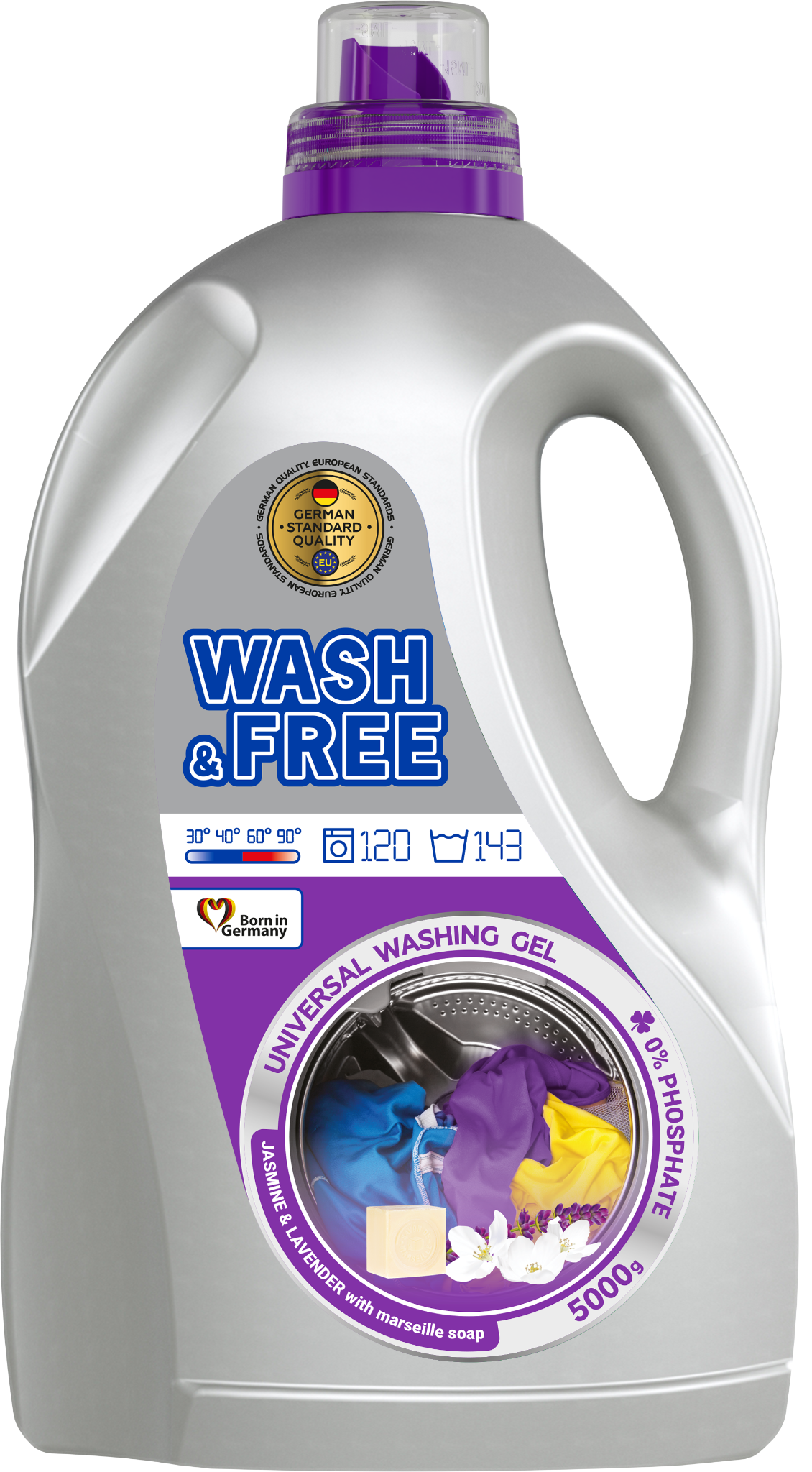 Detergent lichid pentru rufe WASH & FREE Jasmine & Lavender cu săpun de Marsilia – 5L