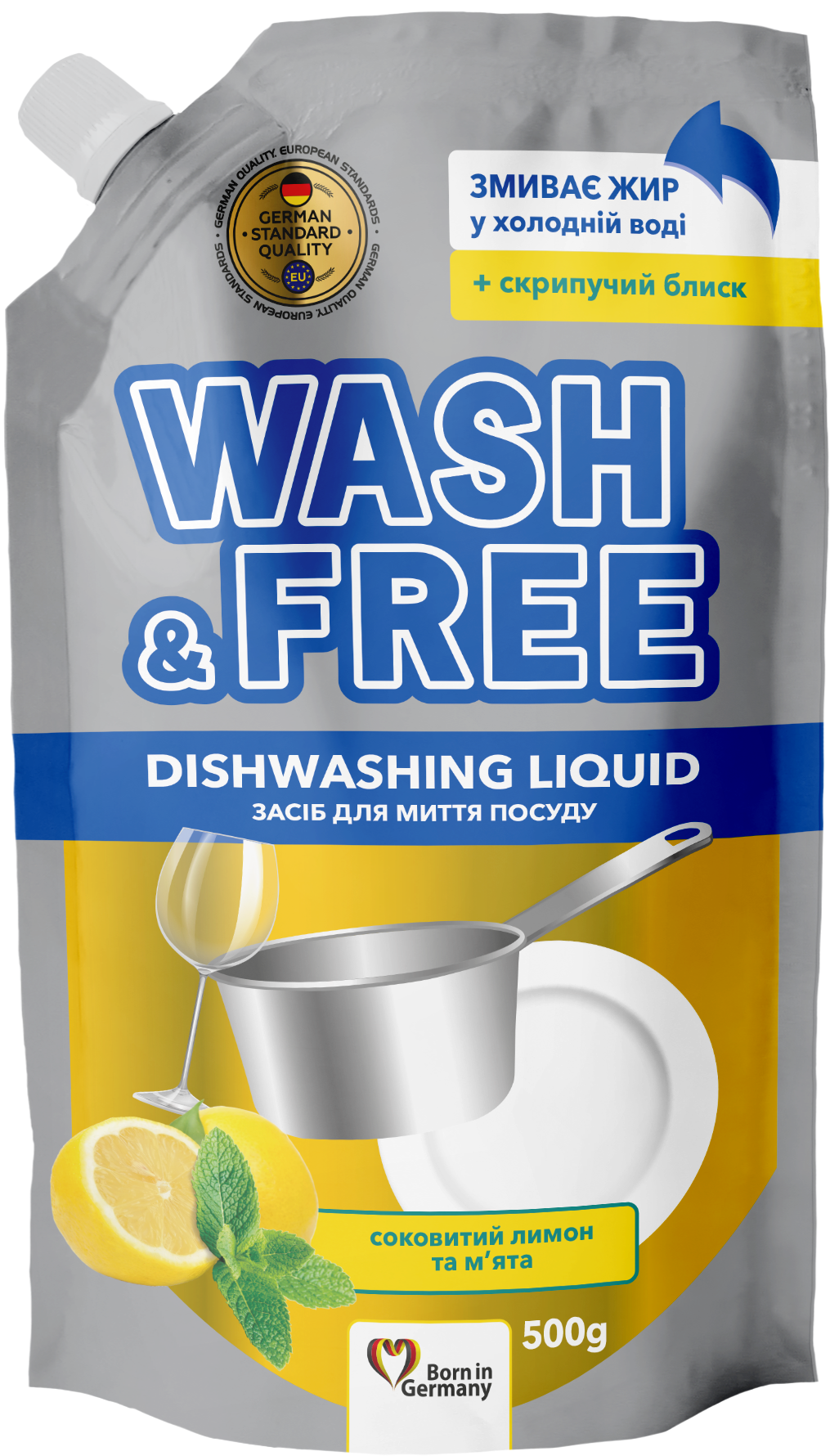 Rezervă Detergent lichid pentru vase Wash & Free Lămâie și Mentă – 500 ml