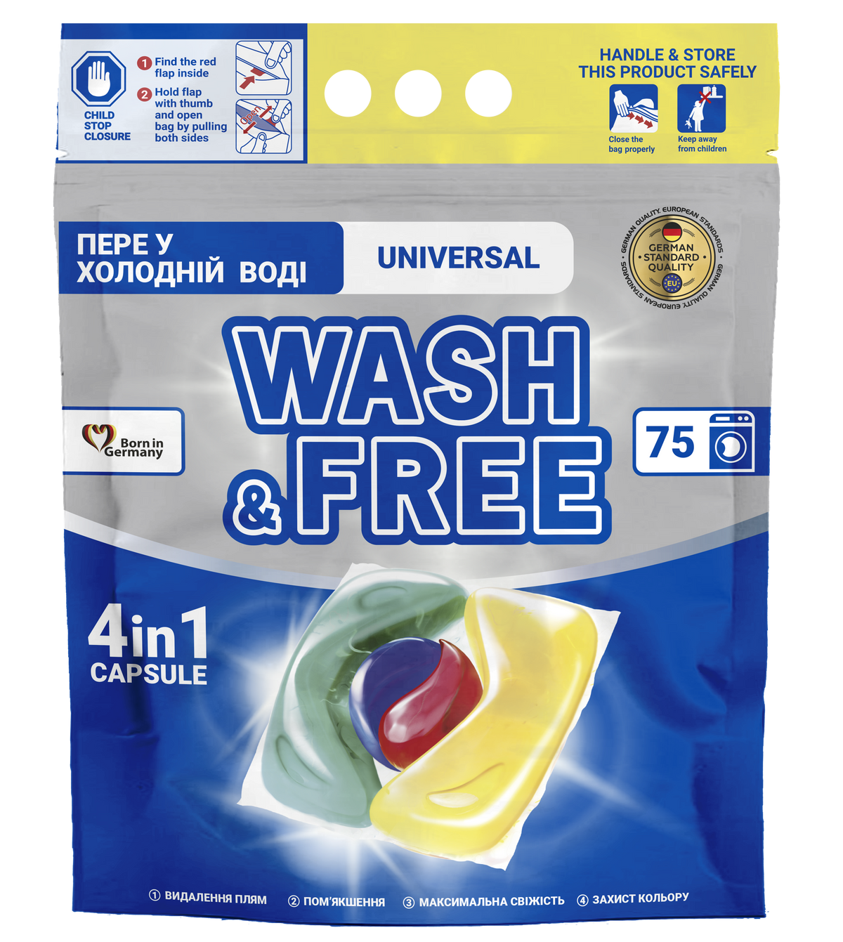 Detergent de rufe capsule Wash & Free 4 in 1 Universal – 75 spălări, parfum Fresh
