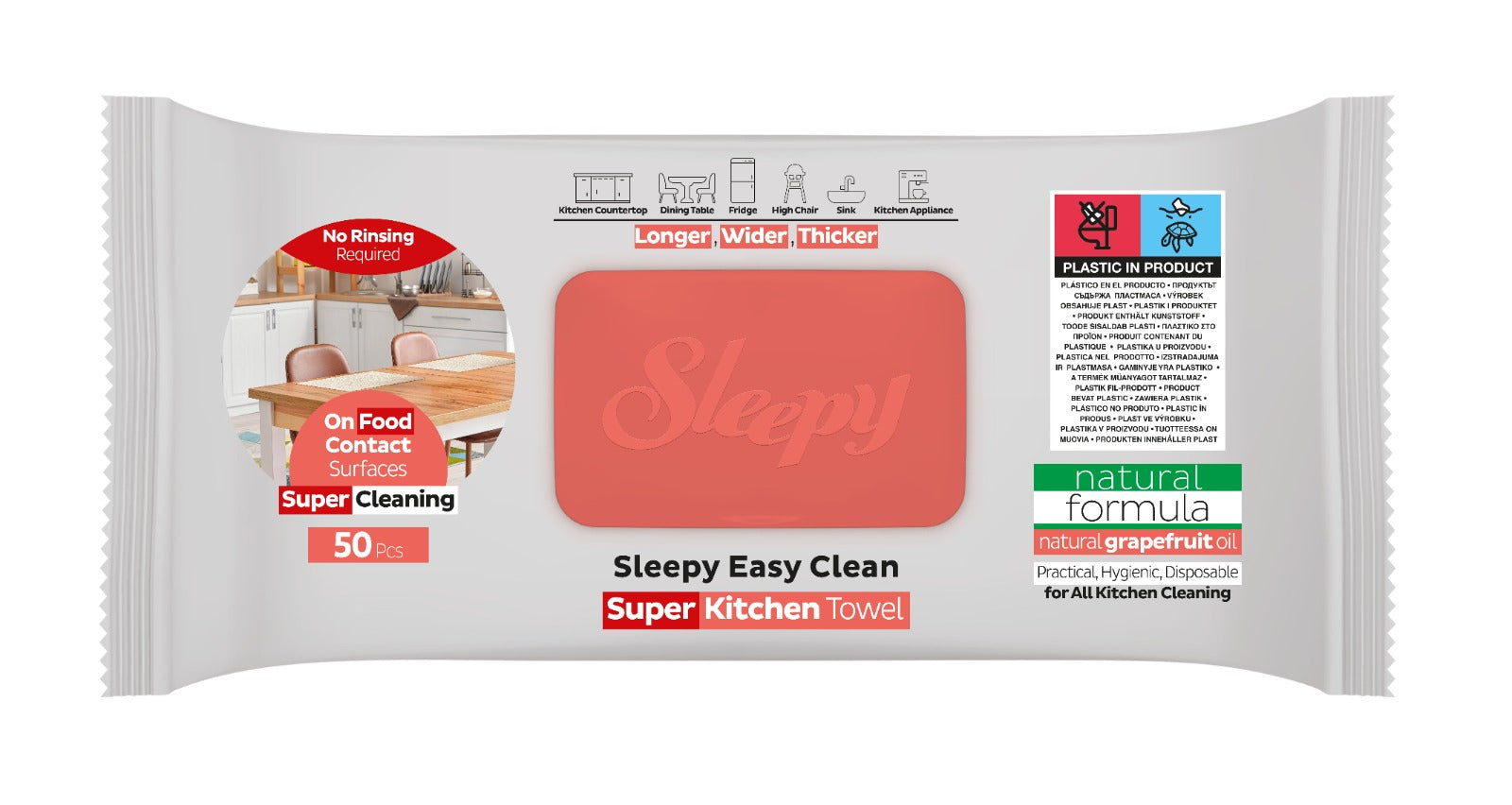 Șervețele umede de curățare Sleepy Easy Clean Kitchen cu ulei natural de grapefruit – 50 bucăți