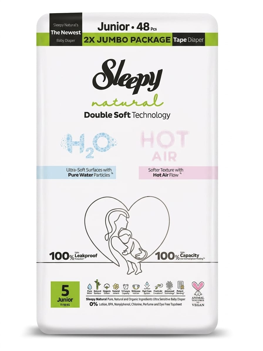 Scutece pentru bebeluși SLEEPY NATURAL H2O marime 5 Junior (11-18) 48buc