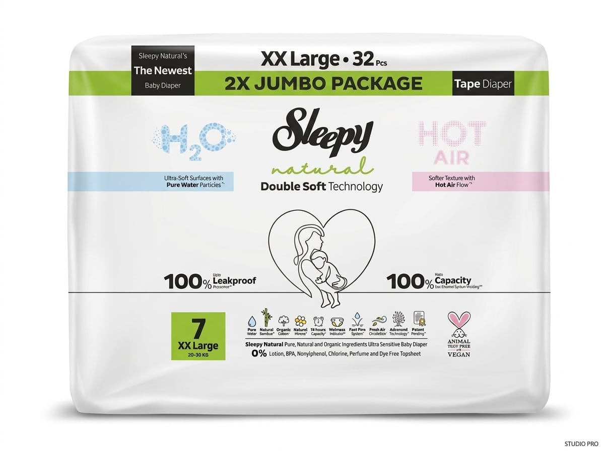 Scutece pentru bebeluși SLEEPY NATURAL H2O marime 7XX Large (20-30) 32buc
