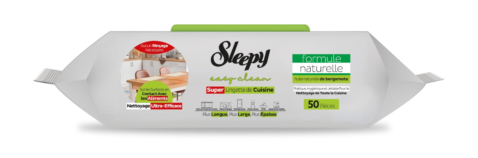 Șervețele umede de curățare Sleepy Easy Clean pentru bucătărie cu ulei natural de bergamotă – 50 bucăți