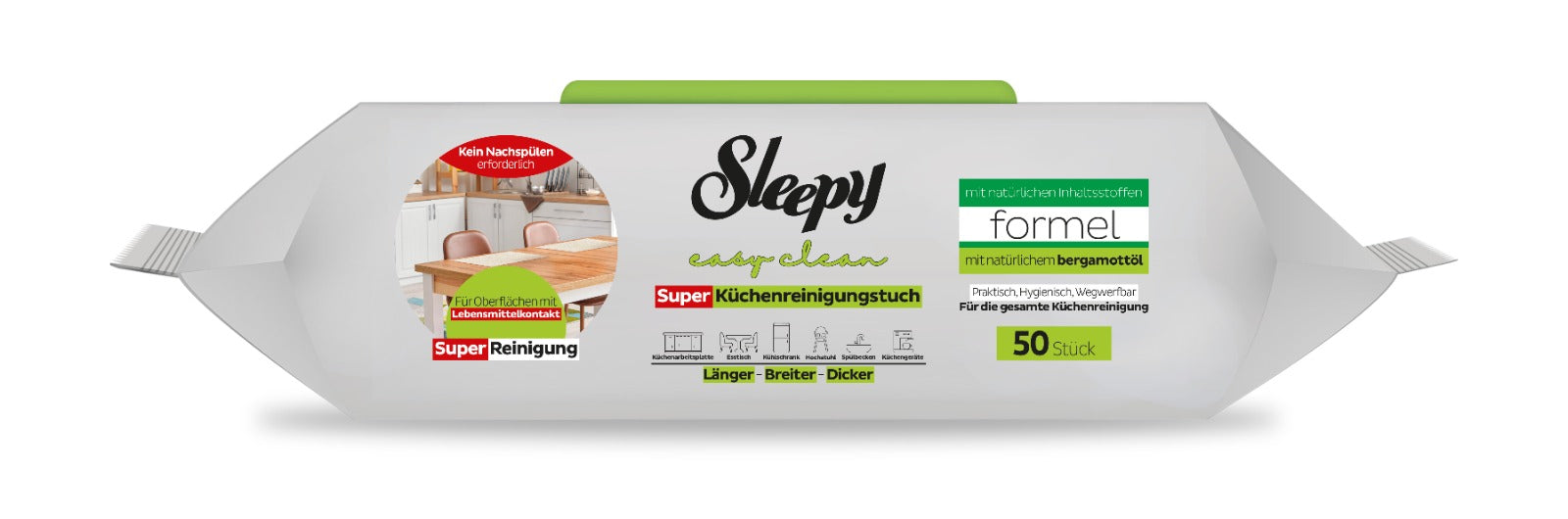 Șervețele umede de curățare Sleepy Easy Clean pentru bucătărie cu ulei natural de bergamotă – 50 bucăți