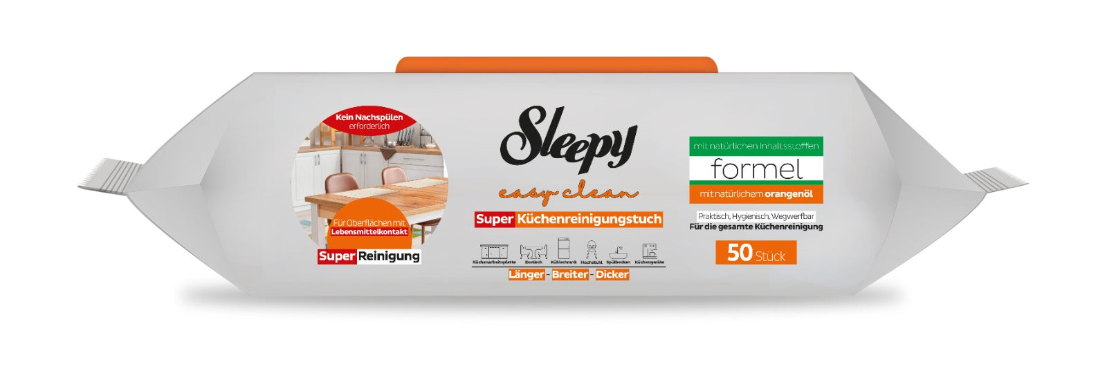 Șervețele umede de curățare Sleepy Easy Clean pentru bucătărie cu ulei natural de portocală – 50 bucăți