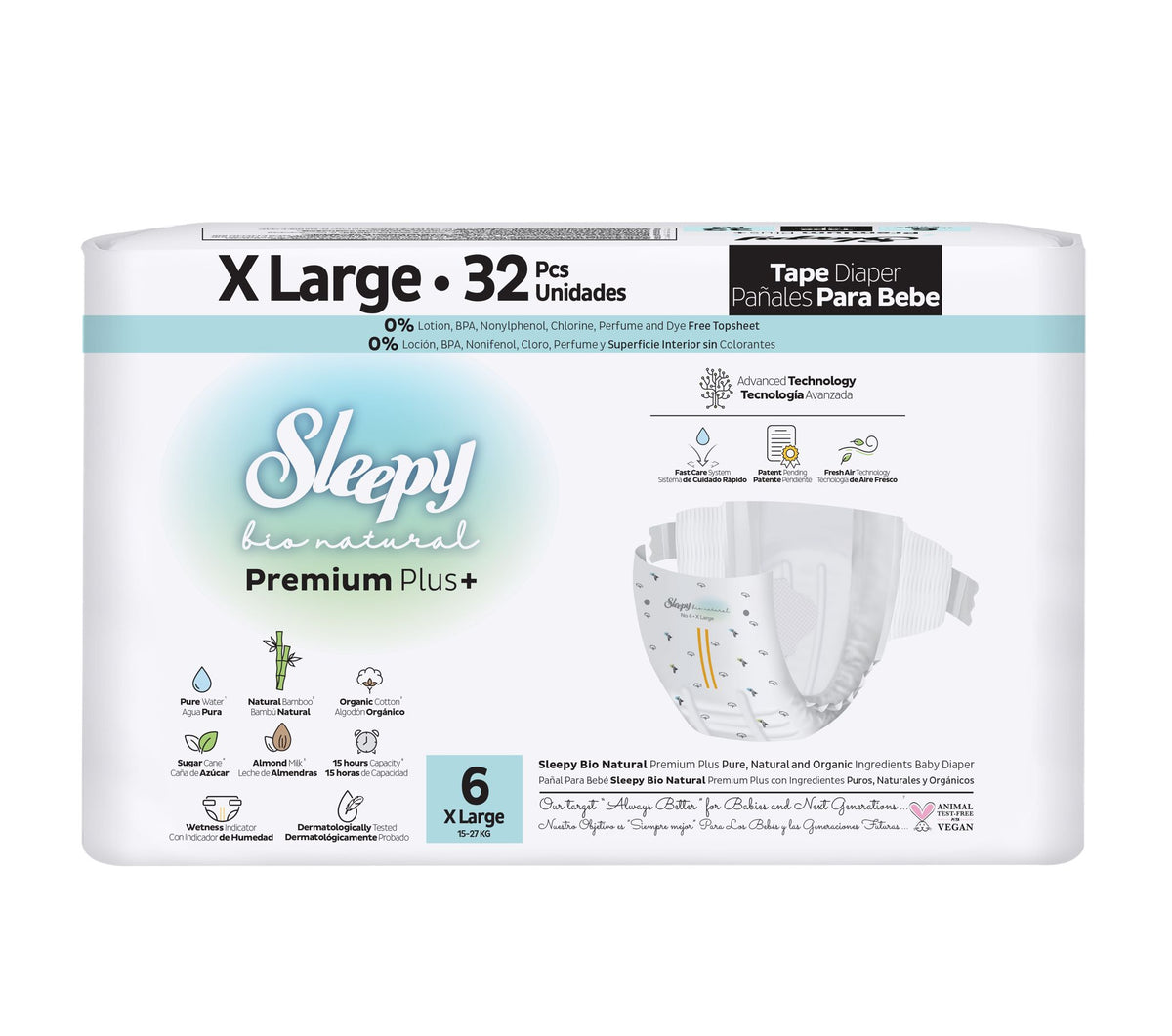 Scutece pentru bebeluși Sleepy BIO NATURAL PREMIUM- mărime 6XLarge, 15-25kg, 32 bucăți