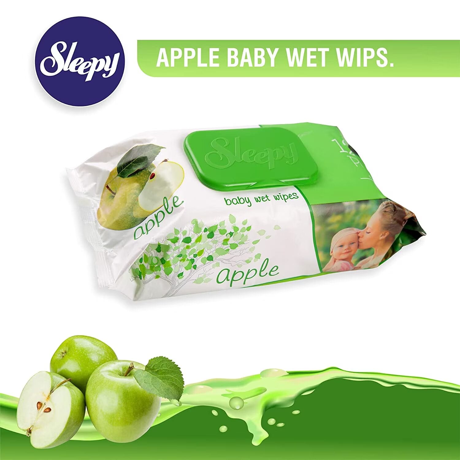 Șervețele umede pentru bebeluși, Sleepy Apple, 120 bucăți, aroma de măr