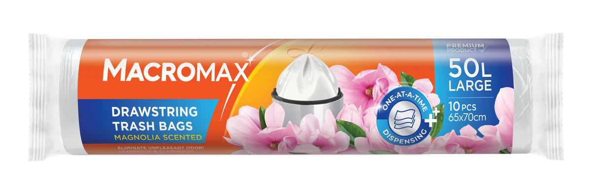 Saci menajeri cu șnur MACROMAX Large 50L, Magnolia, 10 buc.