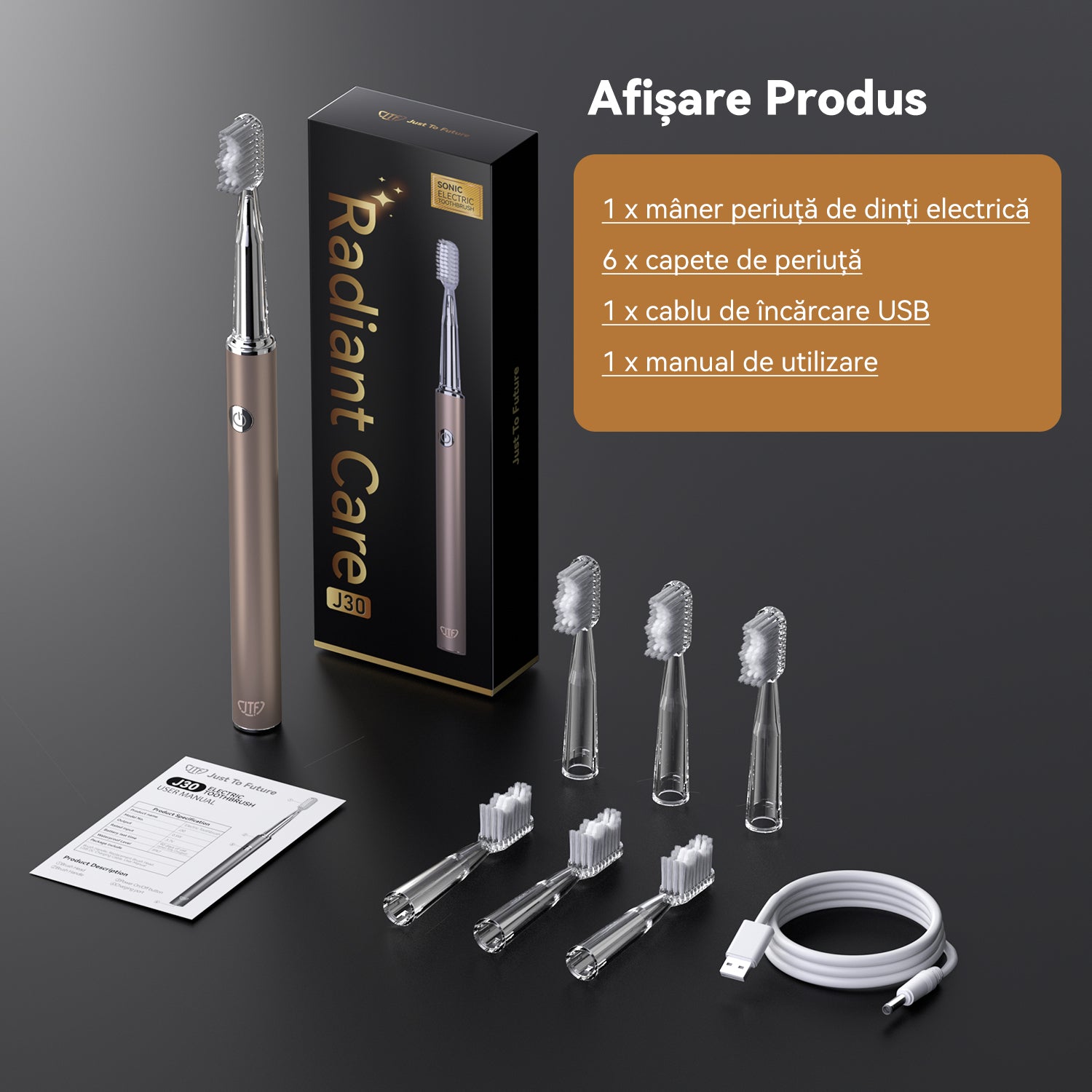 Periuta de dinti electrica, JTF Sonic, J30 (6 capete de periere) Gold