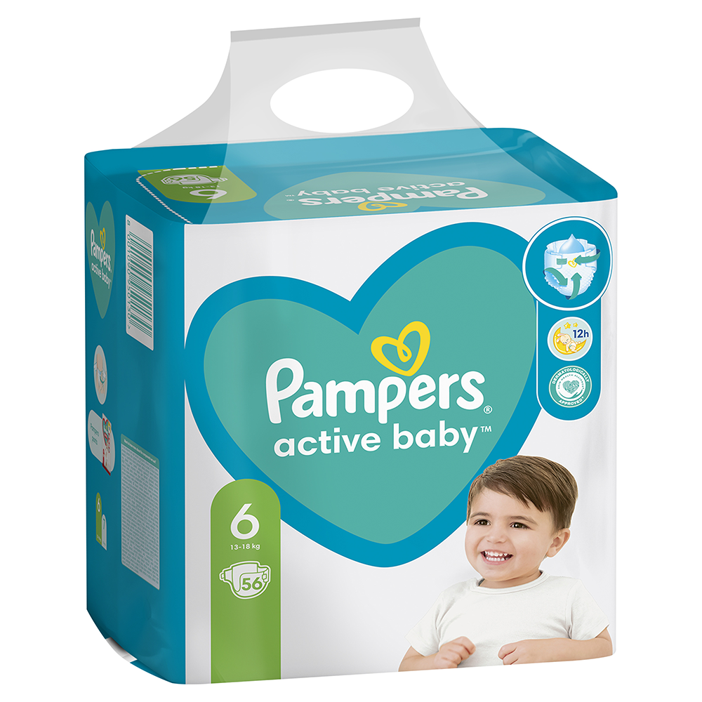 Scutece pentru bebeluși Pampers Active Baby, Mărimea 6, 13-18kg, 56 buc.