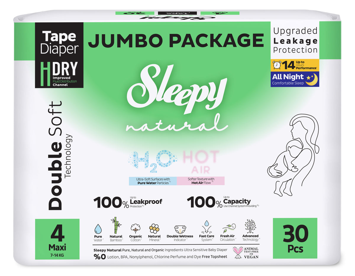 Scutece pentru bebeluși Sleepy Natural H2O Double- mărime 4 Maxi , 7-14kg, 30 bucăți