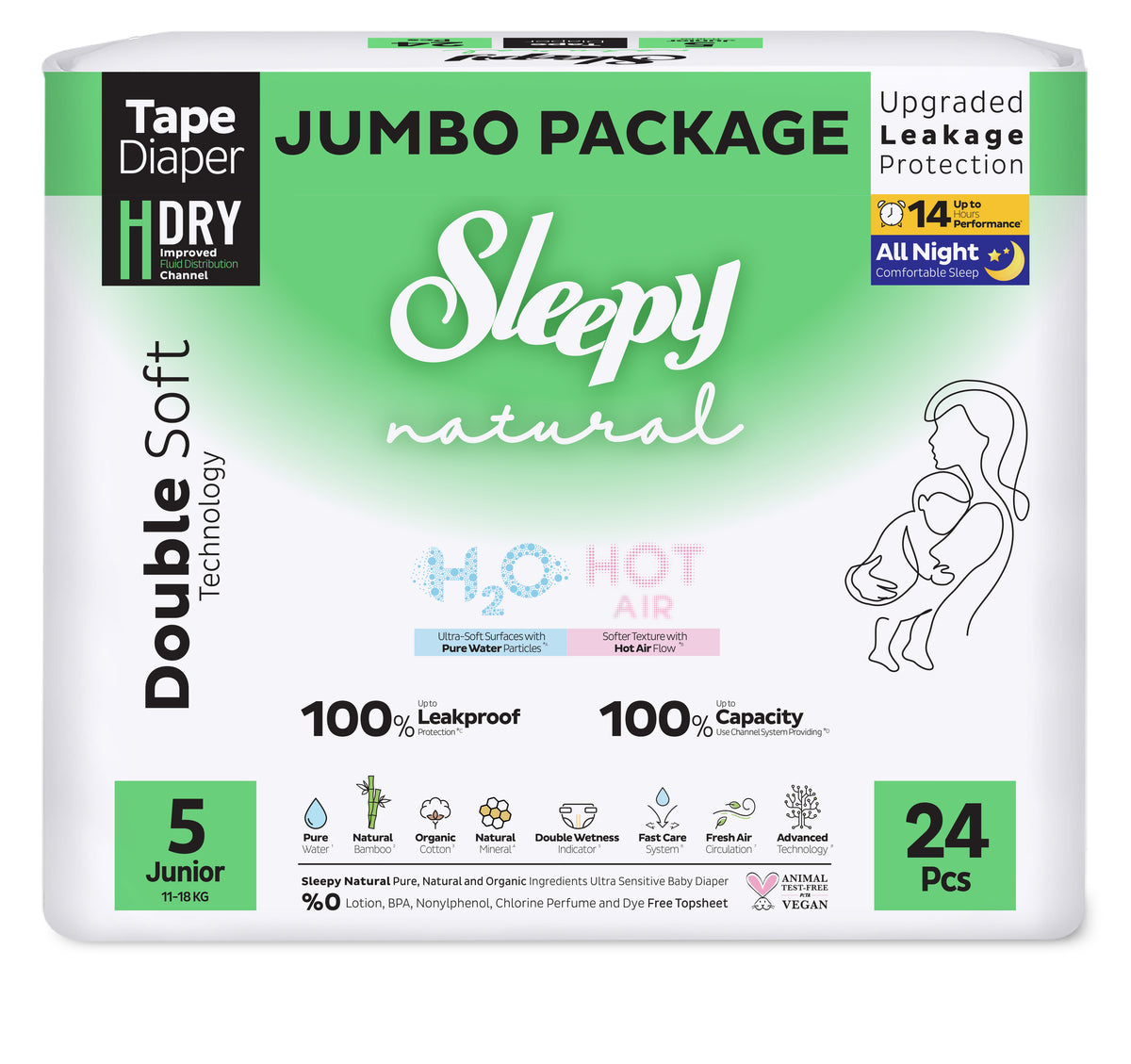 Scutece pentru bebeluși Sleepy Natural H2O Double- mărime 5 Junior, 11-18kg, 24 bucăți