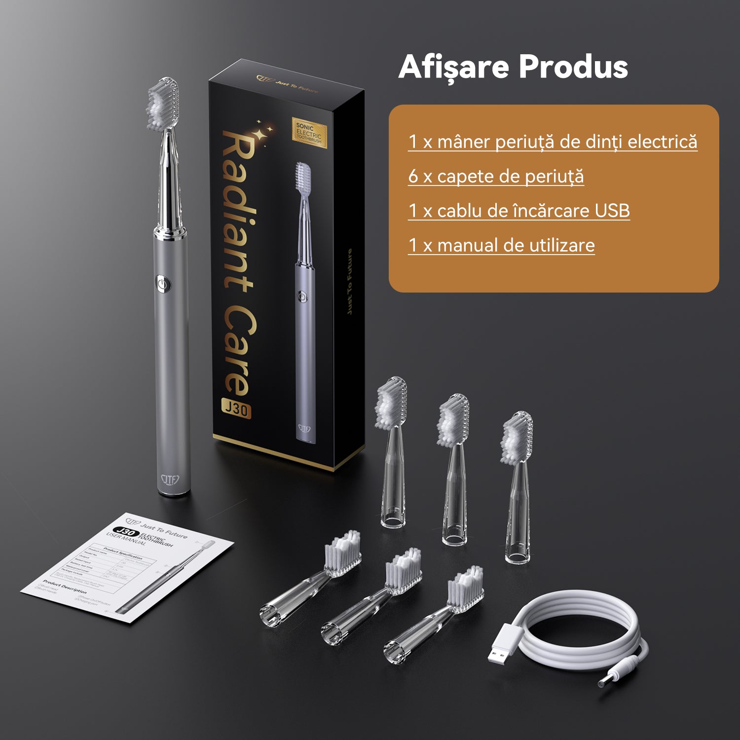 Periuta de dinti electrica, JTF Sonic, J30 (6 capete de periere) Silver