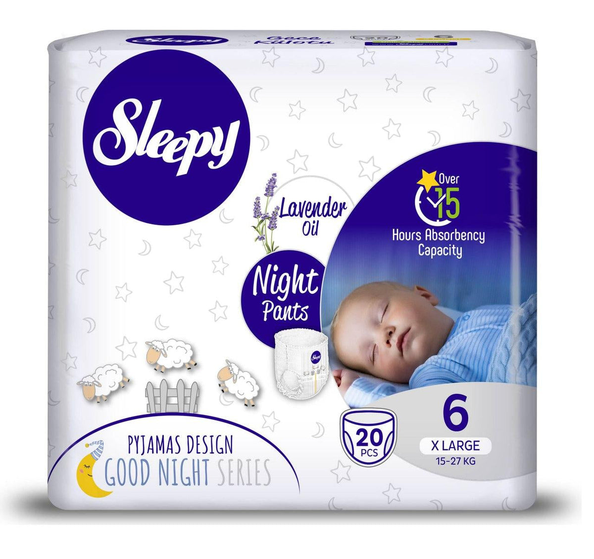 Scutece-Chilotel pentru bebeluși Sleepy Natural Night, Mărime 6 Xlarge , 15-25kg, 20 bucati