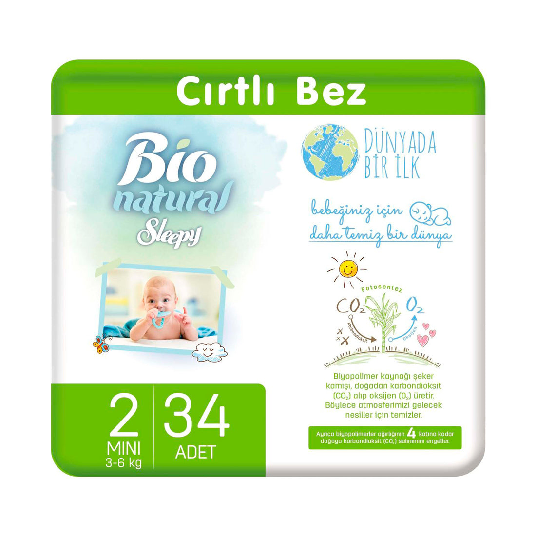 Scutece pentru bebeluși Sleepy Bio Natural Marime 2 Mini , 3-6kg, 34 bucati